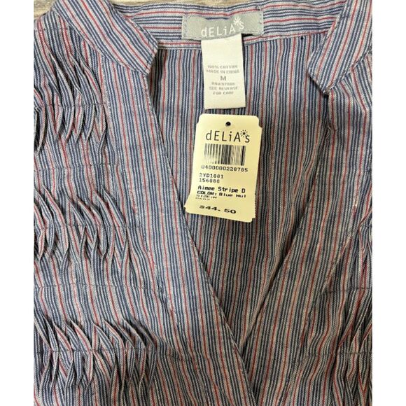 NWT Delia’s Dress M Blue Stripe Cotton Button Up 3/4 Roll Tab Sleeves Y2K Casual - Picture 2 of 6